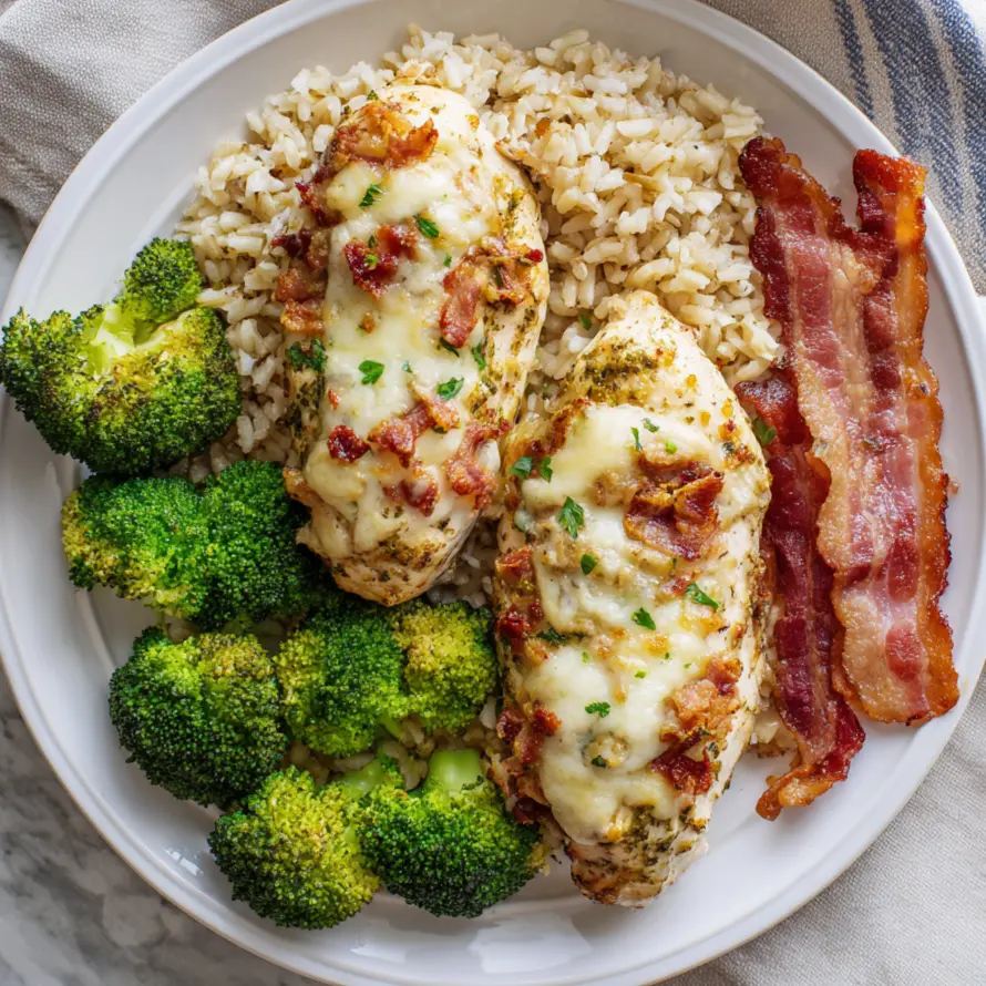 Baked cheesy bacon ranch chicken breasts served with brown rice, broccoli, and crispy bacon strips
