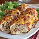 Cheesy bacon ranch chicken stuffed with creamy filling and topped with melted cheese and crispy bacon