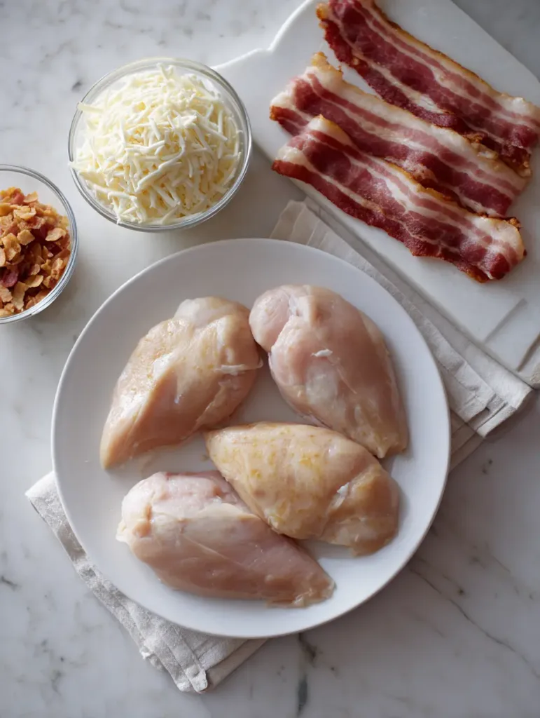 Raw chicken breasts, shredded mozzarella cheese, cooked and raw bacon on a marble counter
