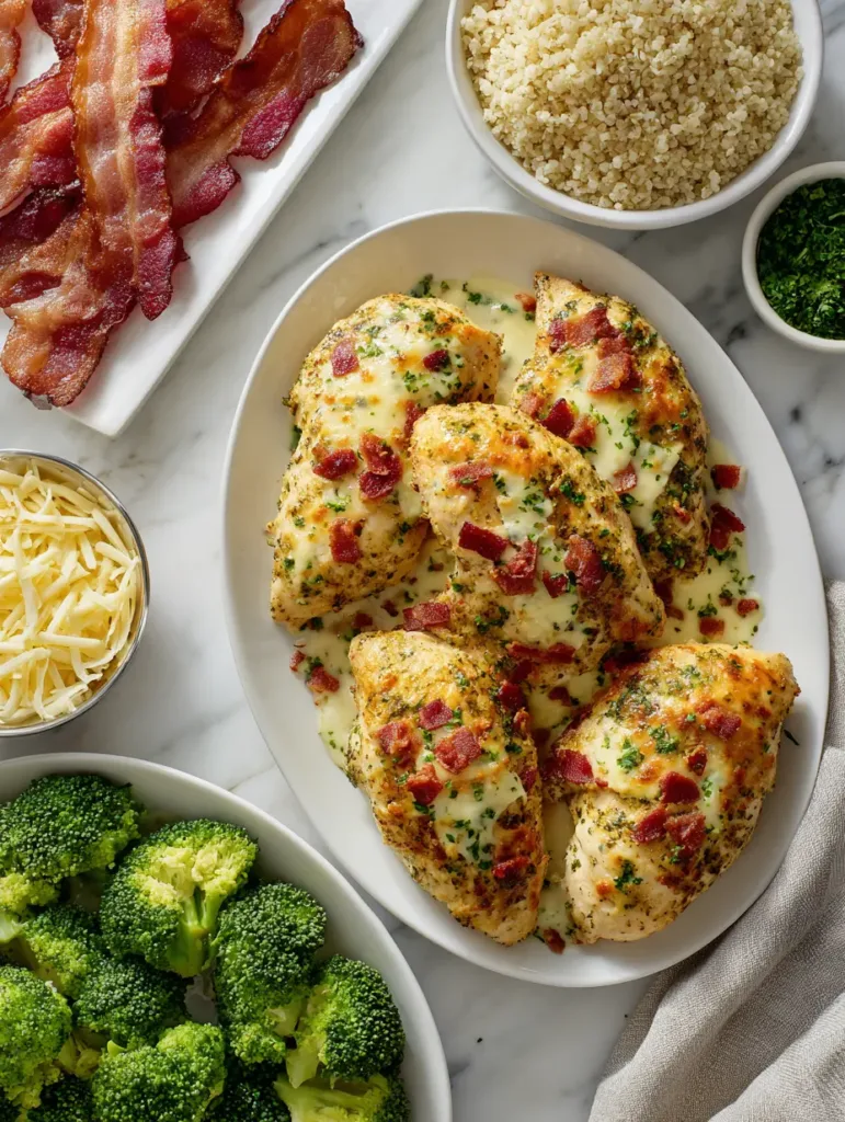 Cheesy bacon ranch chicken breasts served with shredded cheese, broccoli, quinoa, and crispy bacon