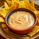 Cottage cheese queso dip in a bowl surrounded by crispy tortilla chips.