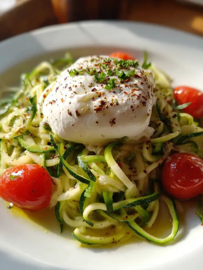 Keto burrata pasta with zucchini noodles and cherry tomatoes.