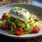 Keto burrata pasta with zucchini noodles, cherry tomatoes, and fresh basil on a plate.