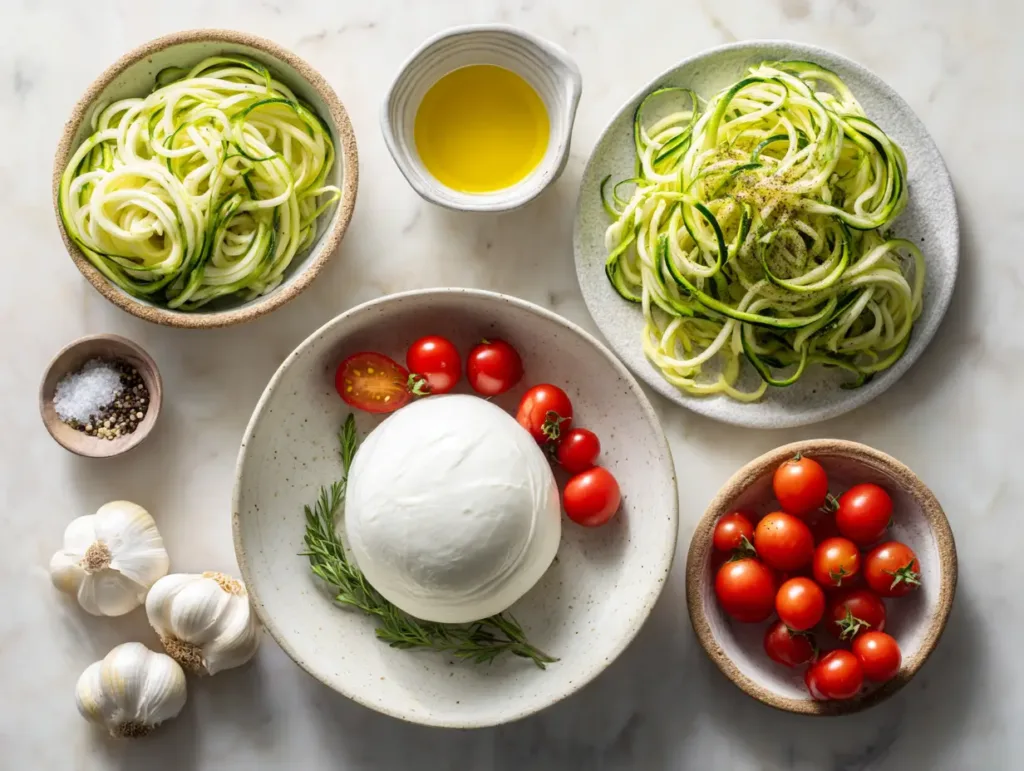 Fresh ingredients for keto burrata pasta with zucchini noodles, including burrata cheese, cherry tomatoes, zucchini spirals, garlic, olive oil, and seasoning.