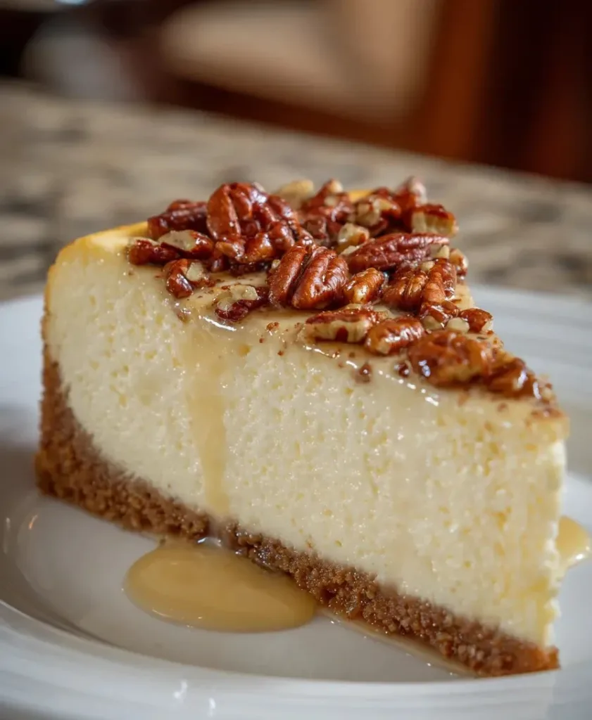 Slice of keto cheesecake with almond flour crust, pecans, and sugar free caramel drizzle