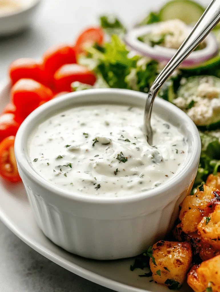 Fresh keto ranch dressing in a white ramekin served with salad and roasted veggies