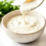 Creamy homemade keto ranch dressing in a speckled bowl with herbs