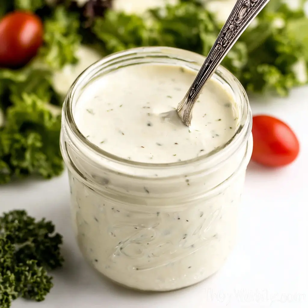 Homemade keto ranch dressing in a mason jar with fresh salad greens and tomatoes