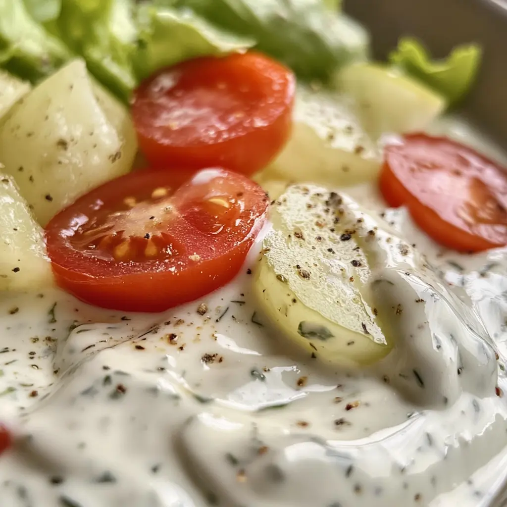 Fresh salad with cucumbers, cherry tomatoes, and creamy keto ranch dressing topped with black pepper