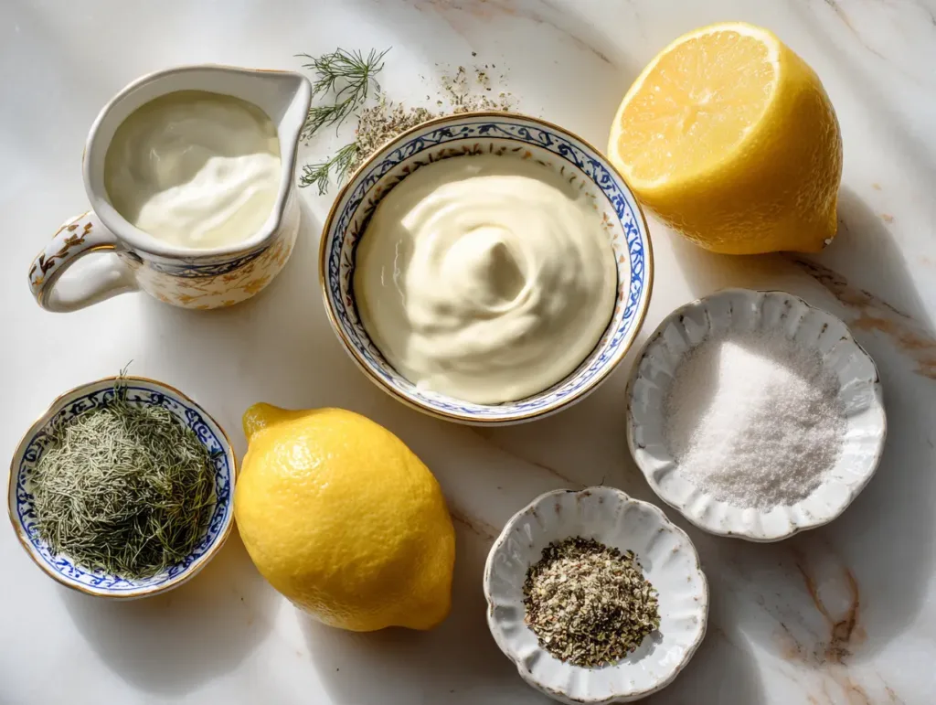 Keto ranch dressing ingredients with mayo, sour cream, lemon, dill, salt, and herbs.
