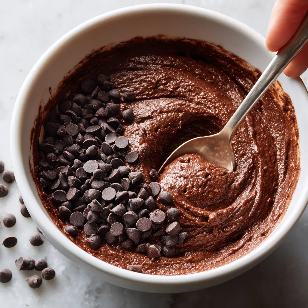 Bowl of sweet potato brownie batter with chocolate chips being stirred.