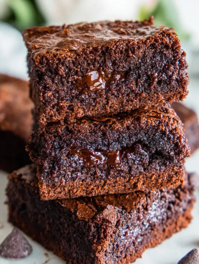 Stack of sweet potato brownies with a gooey chocolate center.