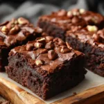 Fudgy sweet potato brownies topped with chocolate chips and nuts on a wooden board.