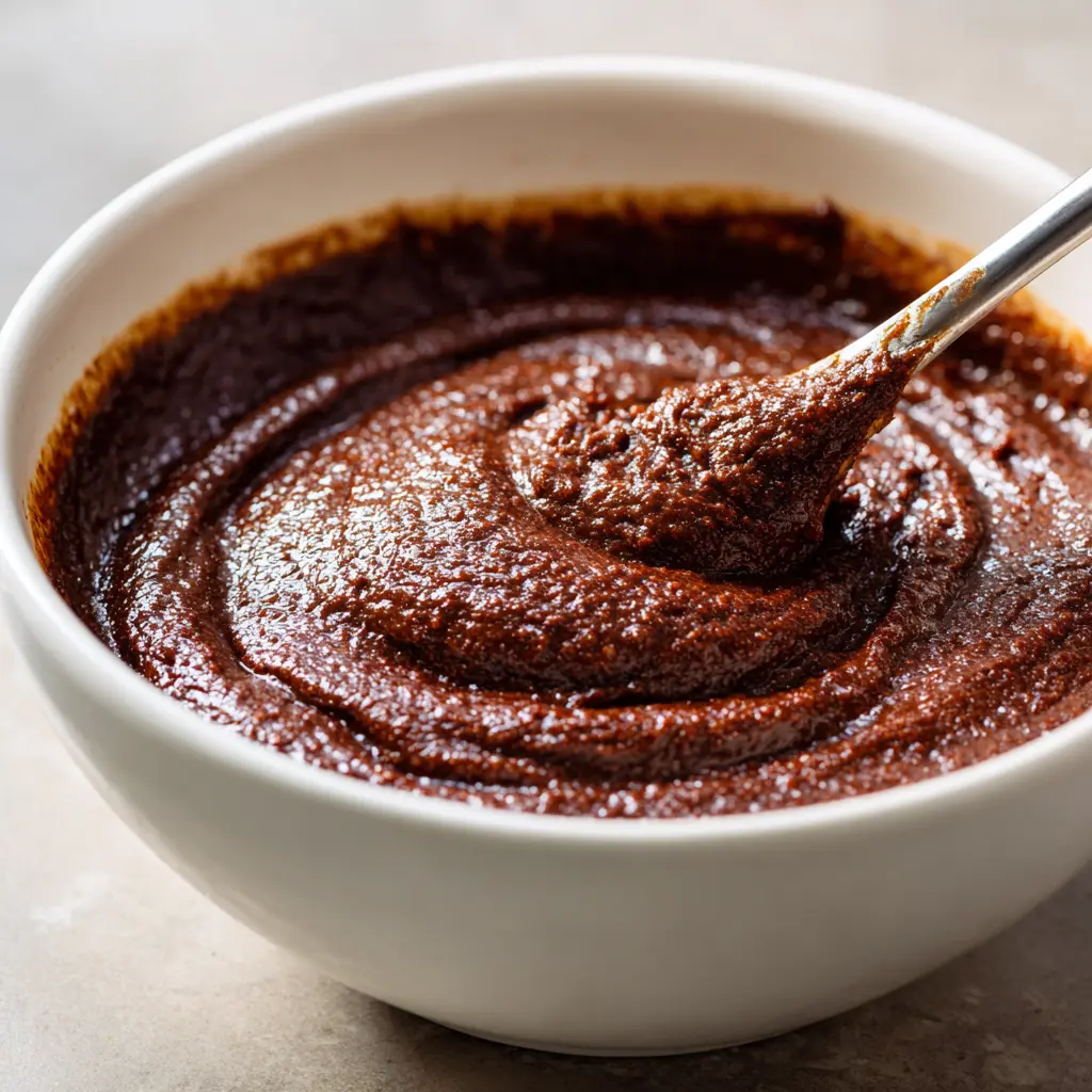 Bowl of smooth sweet potato brownie batter with a spoon.