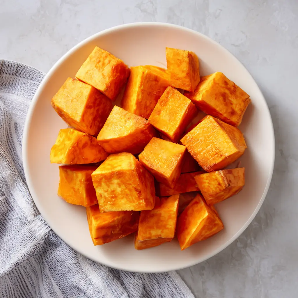 Bowl of cooked sweet potato cubes on a light background.