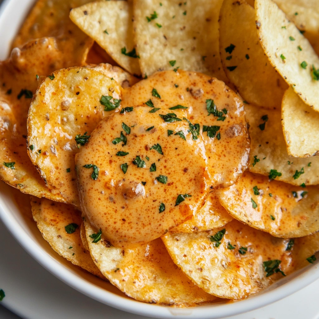 ortilla chips covered in creamy cottage cheese queso dip and sprinkled with fresh herbs.