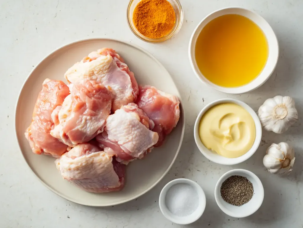 Keto Bang Bang Chicken ingredients with raw chicken thighs, garlic, mayonnaise, spices, and oil.