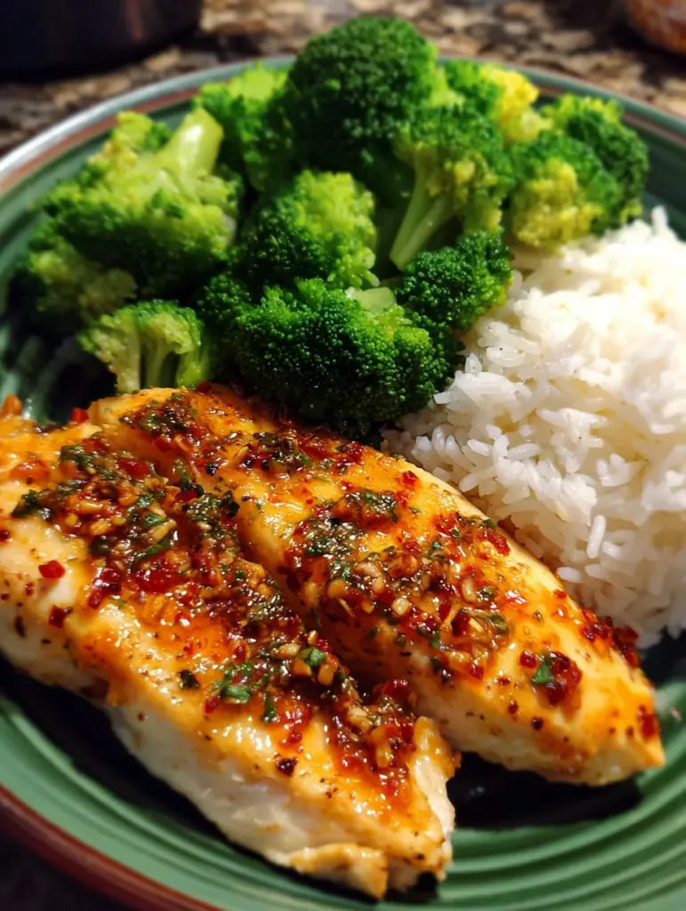Keto Bang Bang Chicken breast with spicy sauce, served with broccoli and rice.