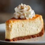 Keto cheesecake slice with almond flour crust and whipped cream topping