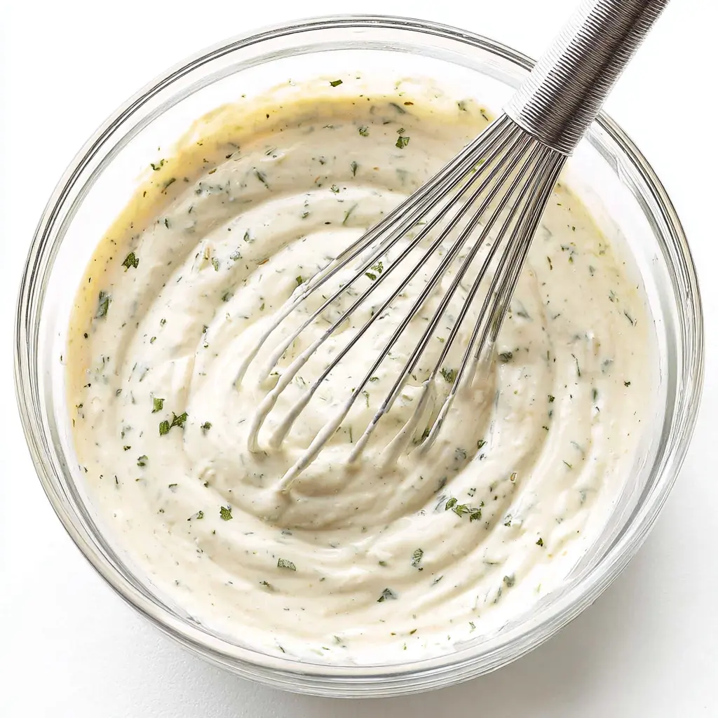 Keto ranch dressing being mixed in a glass bowl with a whisk.