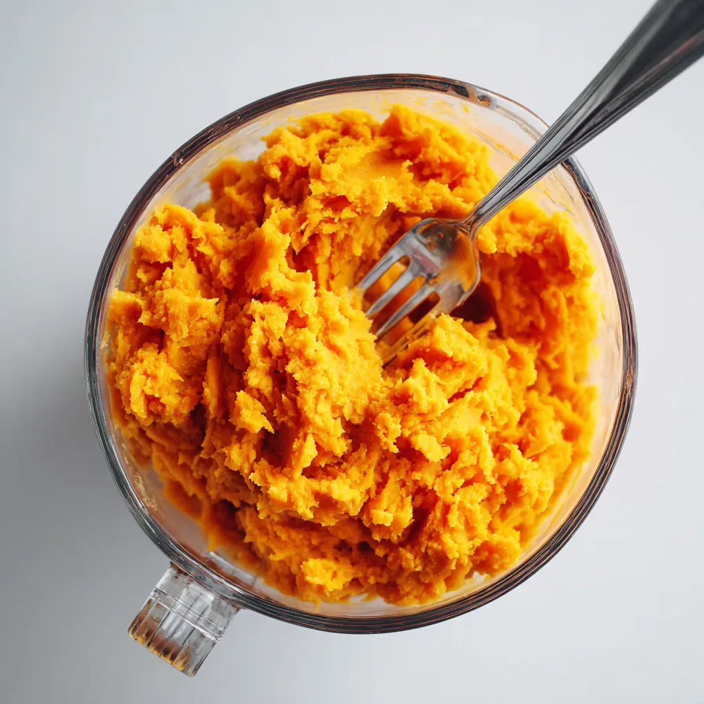 Glass bowl of mashed sweet potato with a fork on a light background.