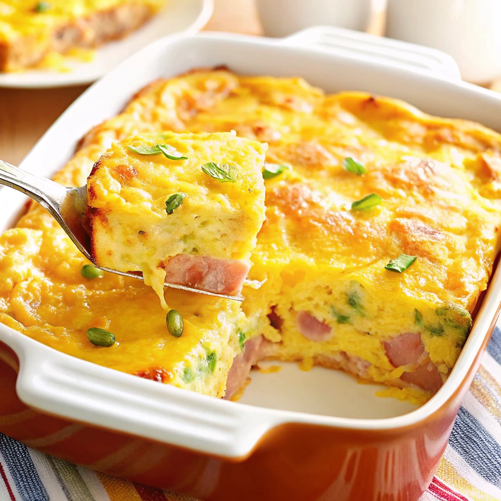 Slice of microwave omelet with ham, cheese, and green onions being lifted from a baking dish.