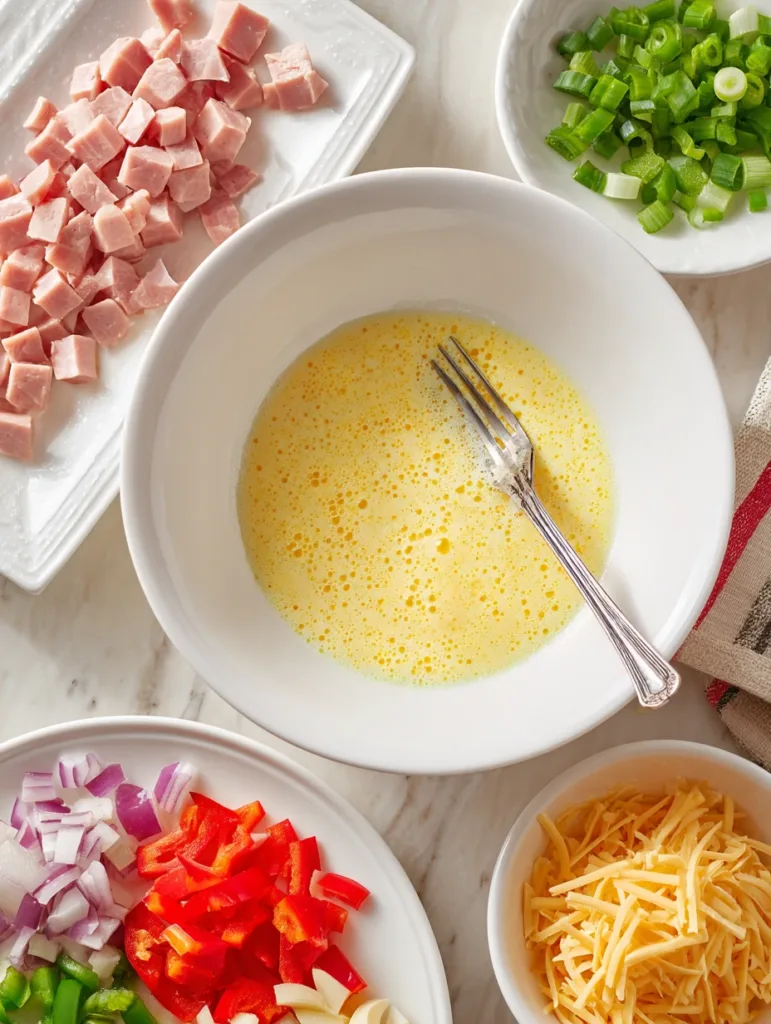 Ingredients for microwave omelet including beaten eggs, diced ham, shredded cheese, chopped onions, peppers, and green onions.