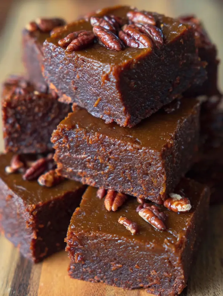 Stack of fudgy sweet potato brownies topped with pecans.